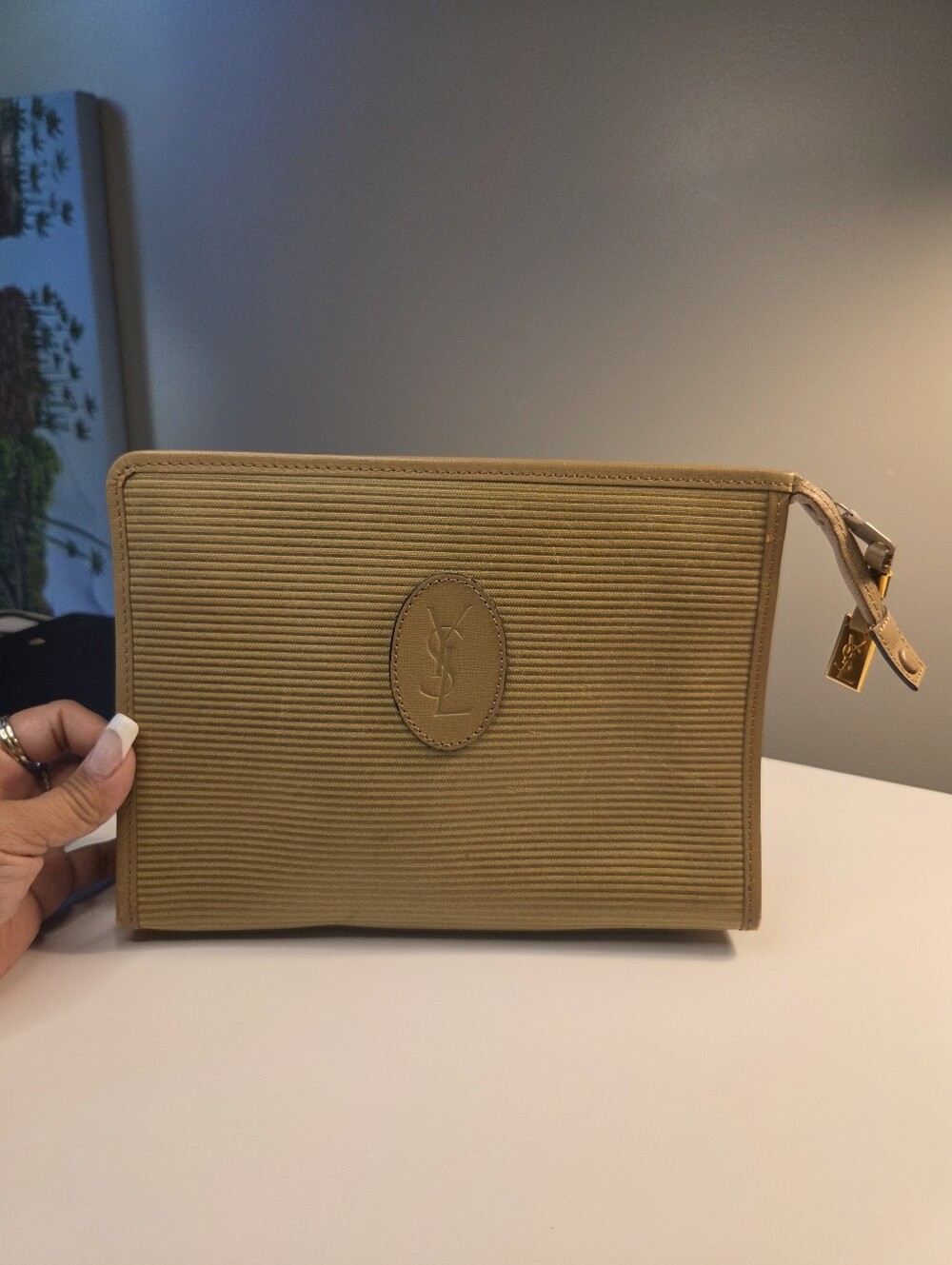 Vintage Yves Saint Laurent YSL Gold Clutch Ribbed Canvas Leather Trim